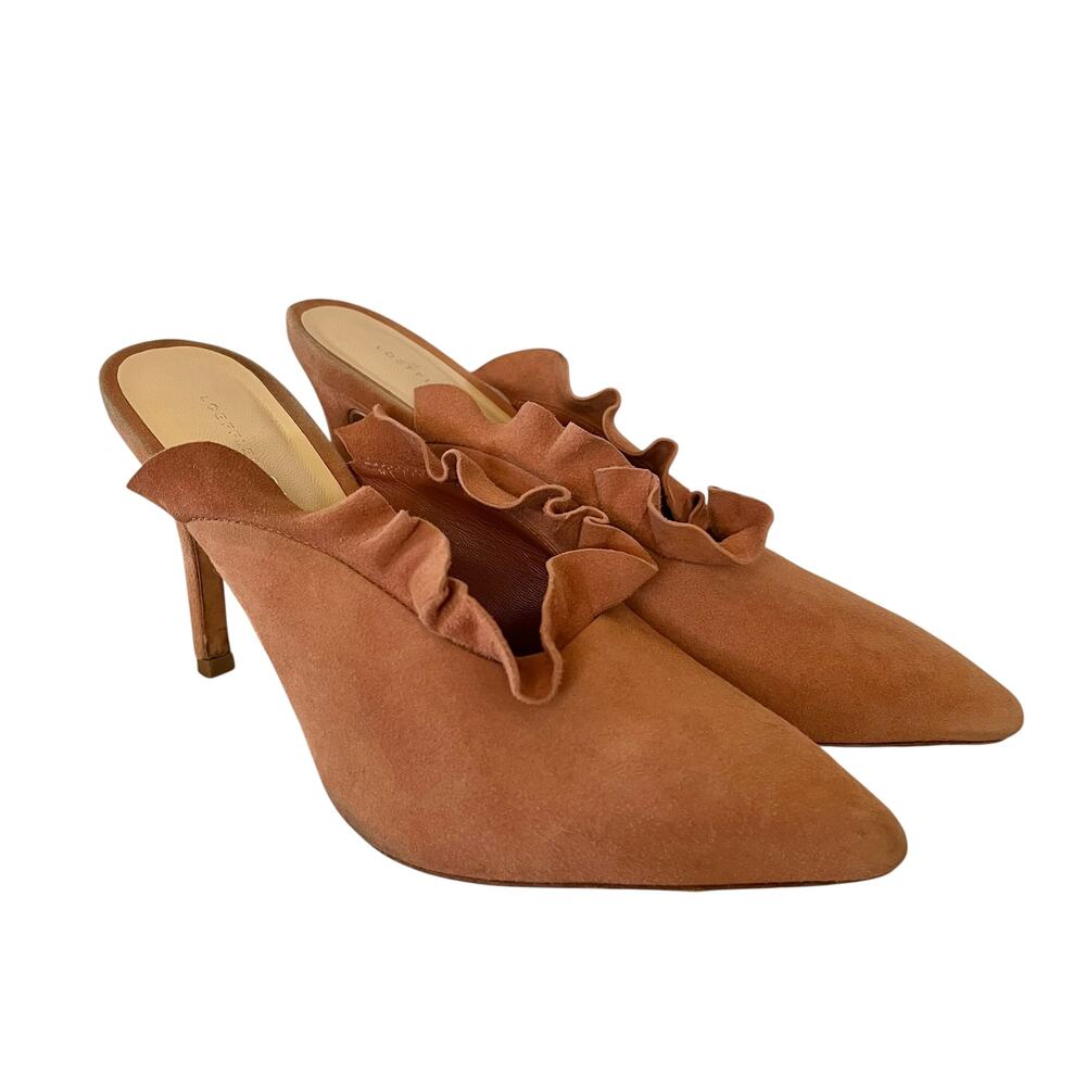 Loeffler Randall Langley Dusty Rose Kid Suede Leather Ruffle Mule Heels